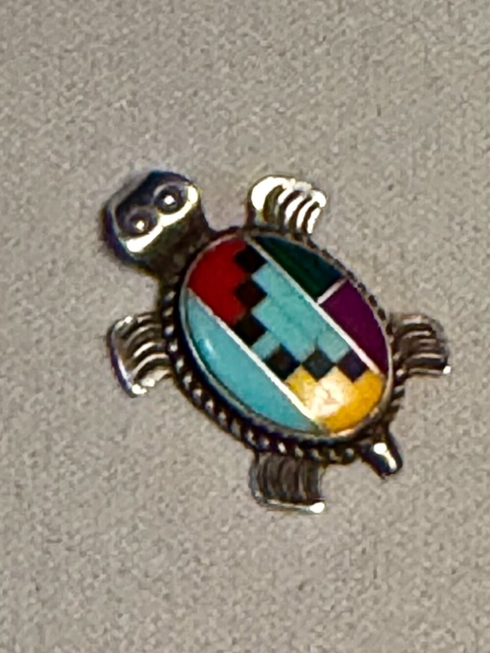Zuni Style Multistone Inlay Turtle Pendant 925 Sterling Silver Southwestern - Picture 3 of 4